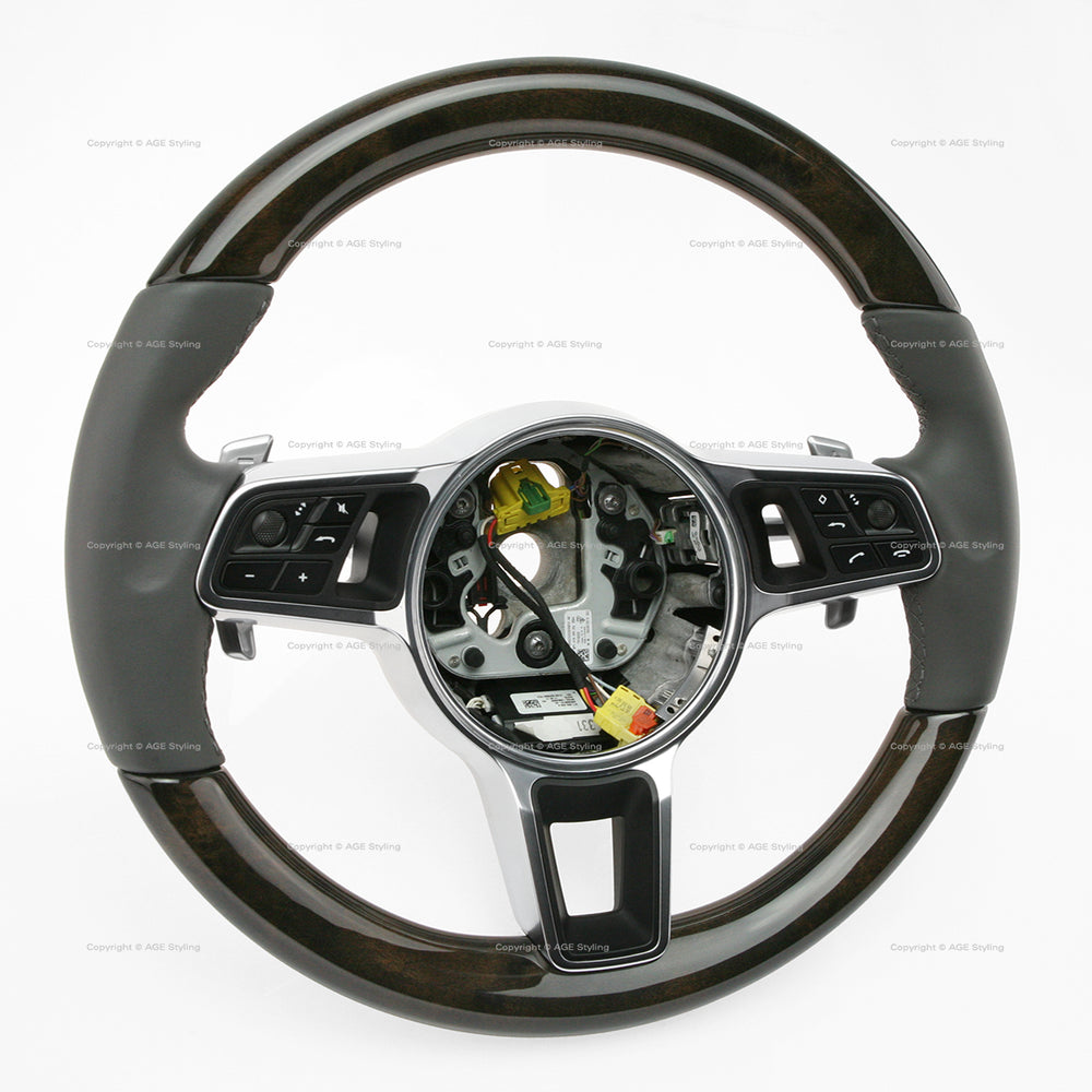 17-21 Porsche Panamera Walnut Wood Grey Leather Steering Wheel # 971-419-091-RN-OE5
