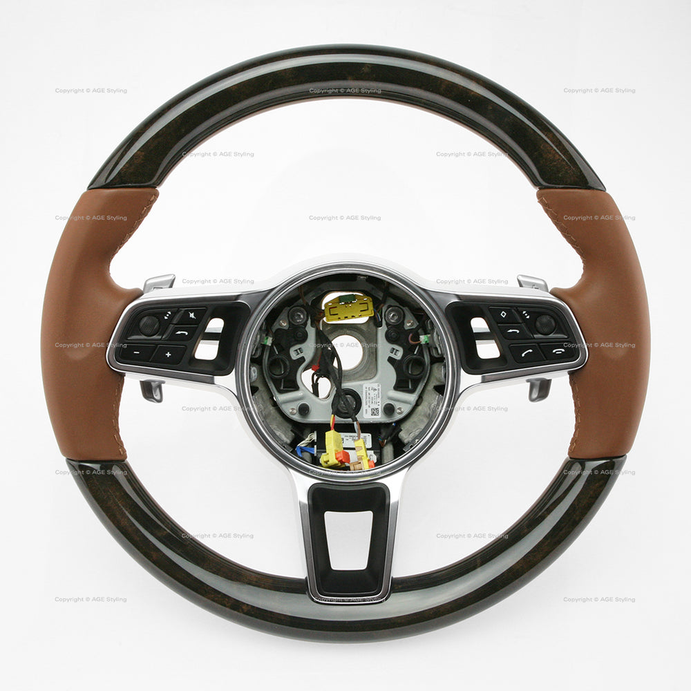 17-21 Porsche Panamera Walnut Wood Cohiba Brown Leather Steering Wheel # 971-419-091-RN-ON1, 971 419 091 RN ON1, 971419091RNON1, 971-419-091-CQ-ON1, 971 419 091 CQ ON1, 971419091CQON1, 971-419-091-FD-ON1, 971 419 091 FD ON1, 971419091FDON1