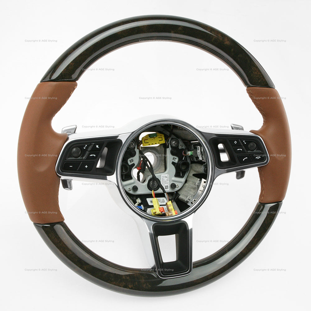 17-21 Porsche Panamera Walnut Wood Cohiba Brown Leather Steering Wheel # 971-419-091-RN-ON1