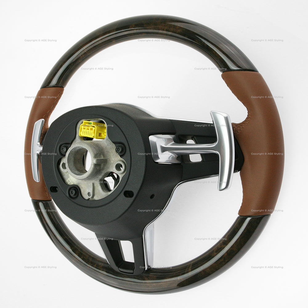 17-21 Porsche Panamera Walnut Wood Cohiba Brown Leather Steering Wheel # 971-419-091-RN-ON1