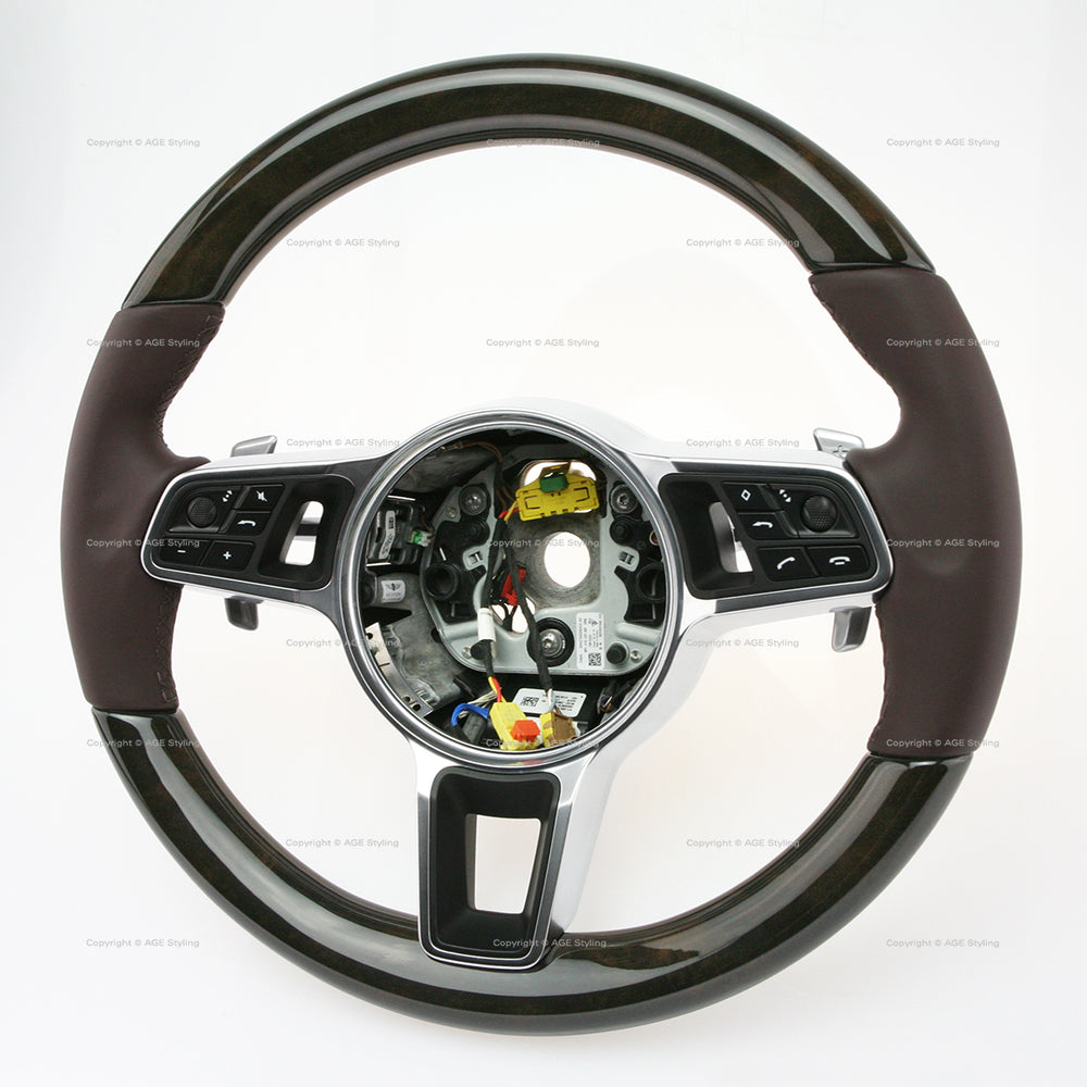 17-21 Porsche Panamera Walnut Wood Marsala Red Leather Steering Wheel # 971-419-091-RN-8U7