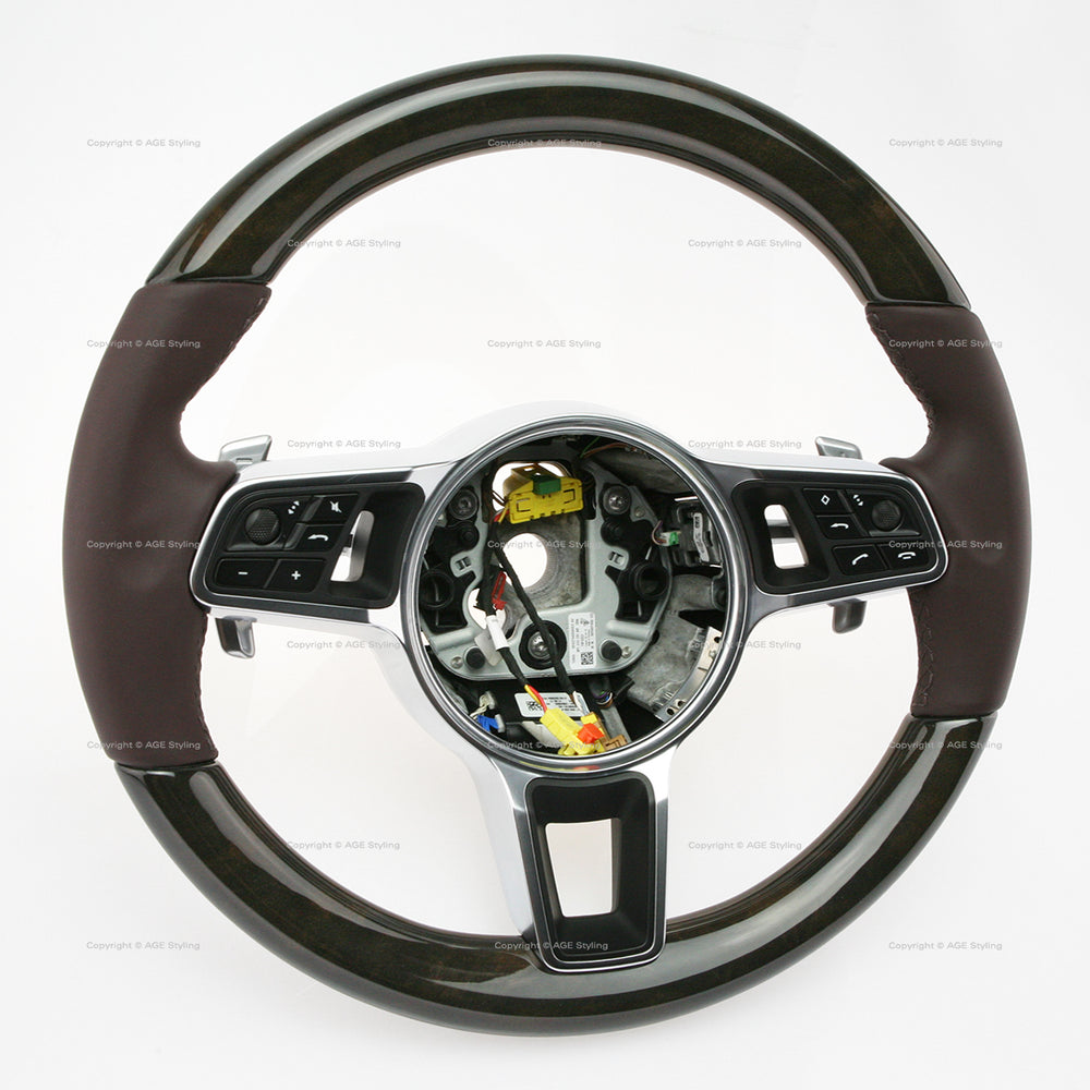 17-21 Porsche Panamera Walnut Wood Marsala Red Leather Steering Wheel # 971-419-091-RN-8U7