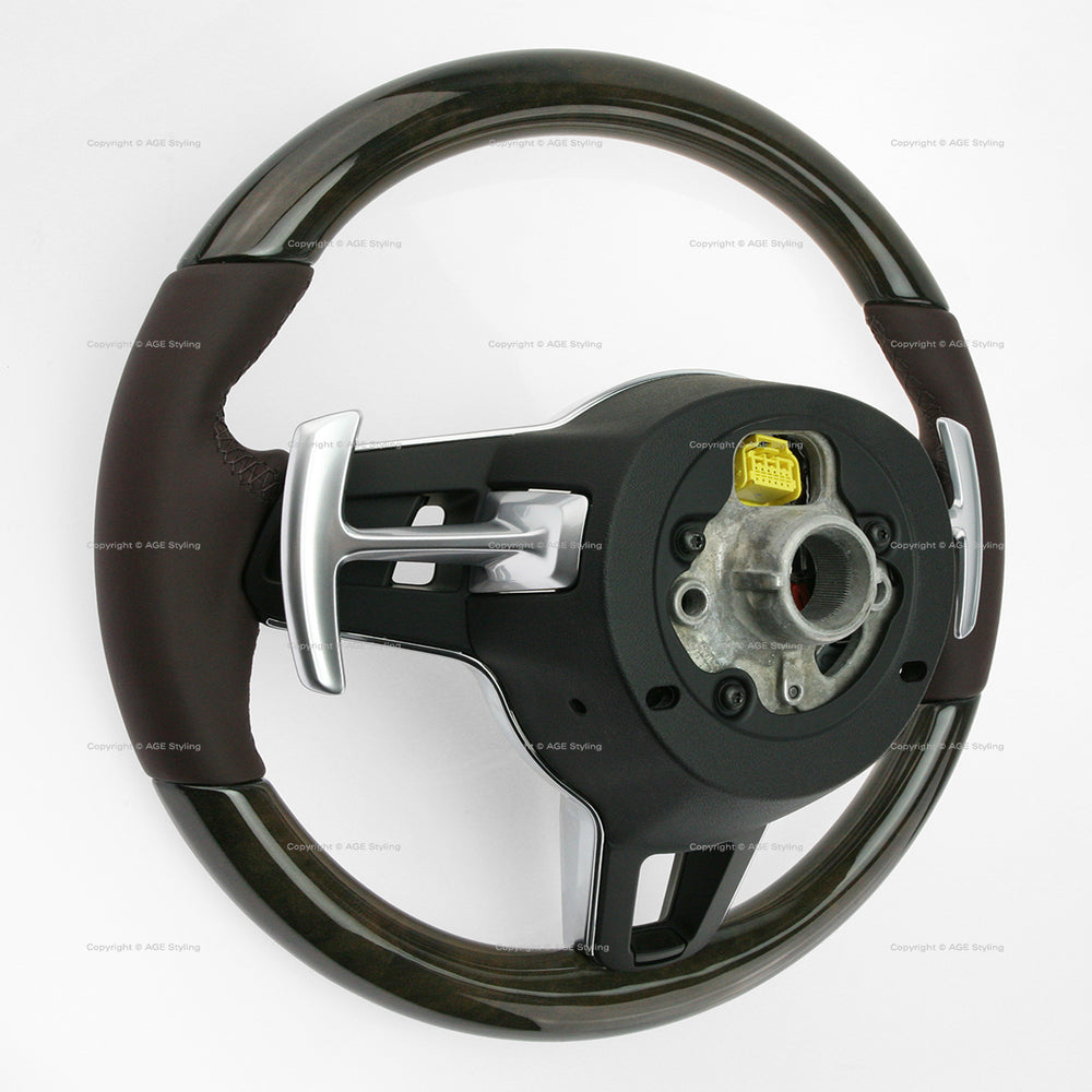 17-21 Porsche Panamera Walnut Wood Marsala Red Leather Steering Wheel # 971-419-091-RN-8U7