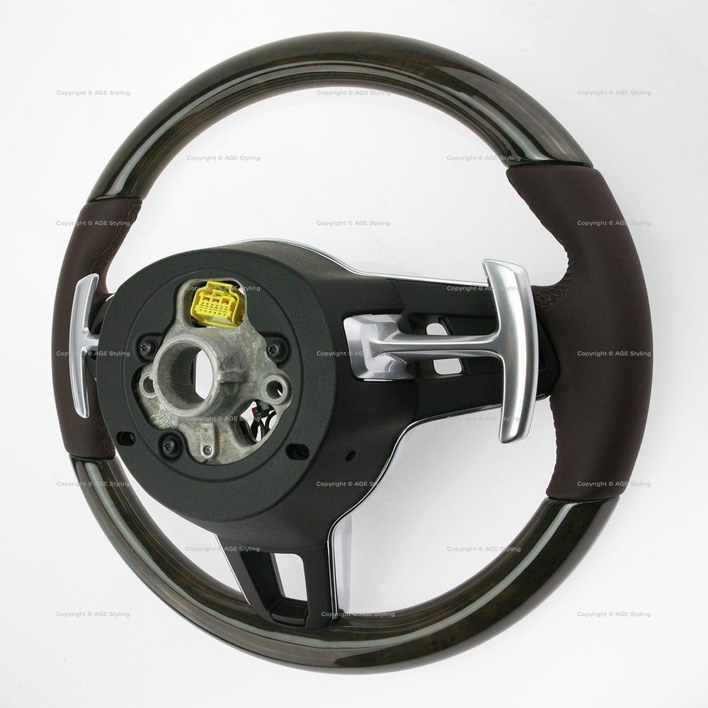 17-21 Porsche Panamera Walnut Wood Marsala Red Leather Steering Wheel # 971-419-091-RN-8U7