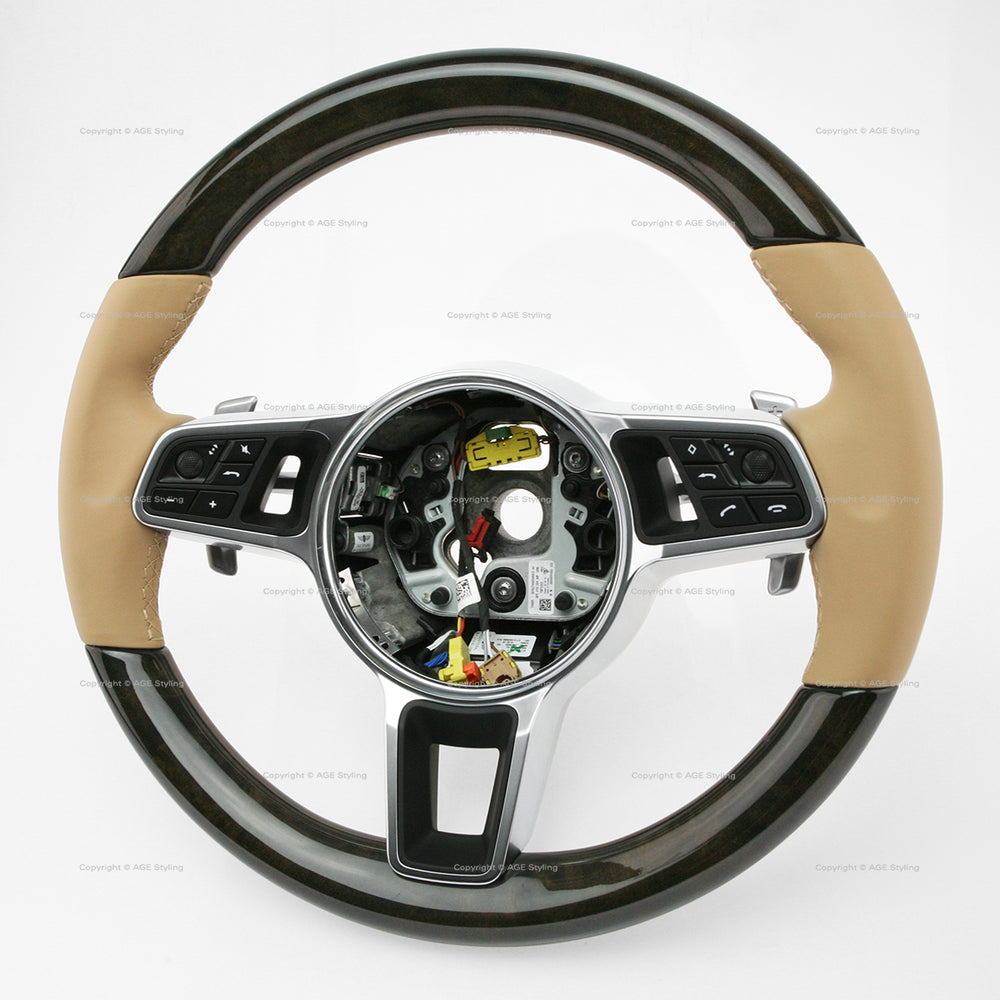 17-21 Porsche Panamera Walnut Wood Luxor Beige Leather Steering Wheel # 971-419-091-RN-9J9