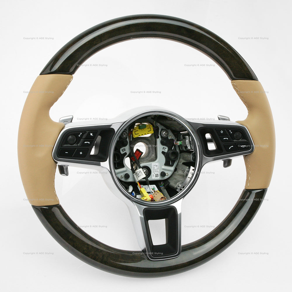 17-21 Porsche Panamera Walnut Wood Luxor Beige Leather Steering Wheel # 971-419-091-RN-9J9