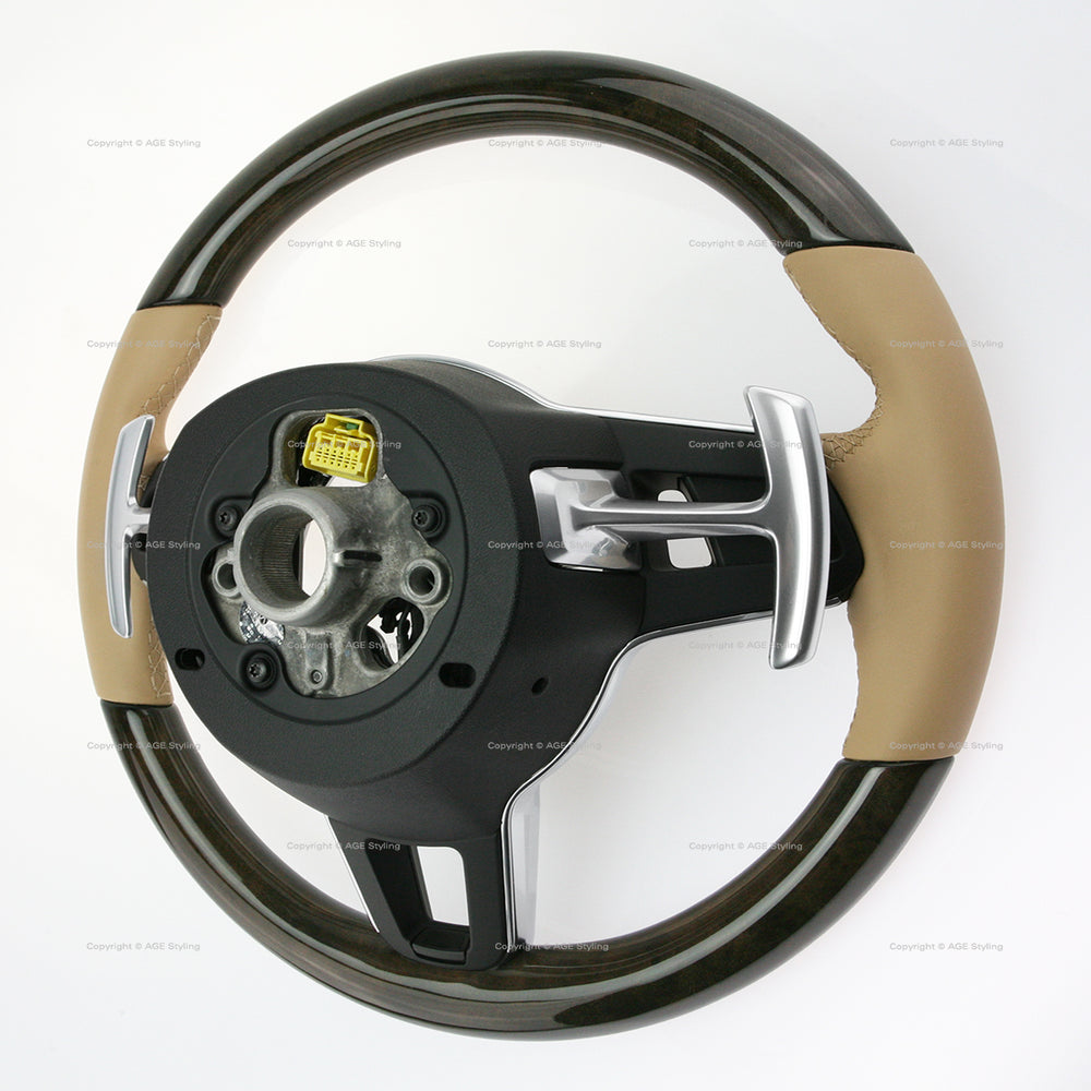 17-21 Porsche Panamera Walnut Wood Luxor Beige Leather Steering Wheel # 971-419-091-RN-9J9
