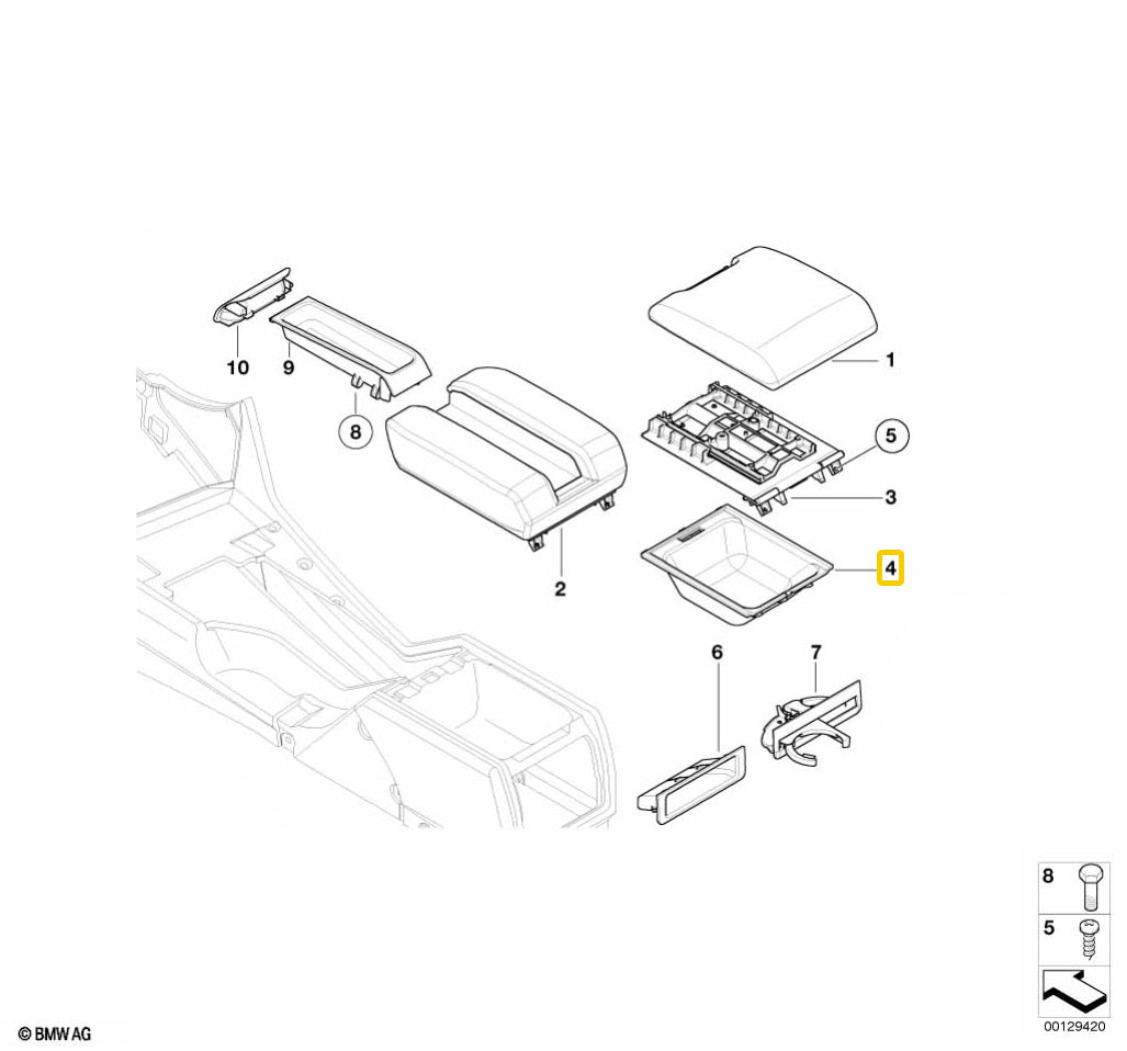 5115966 BMW 525i 528i 530i 540i M5 Center Armrest Tray # 51-16-8-196-967