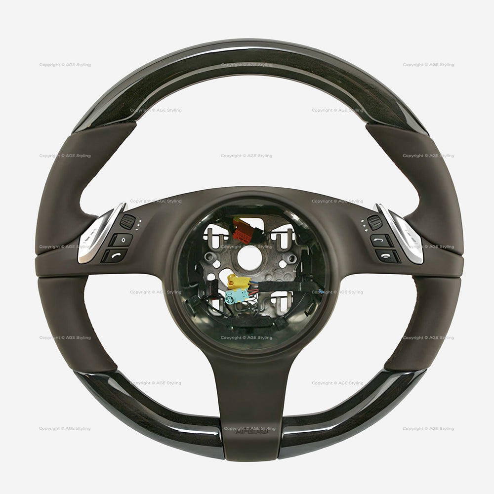 10-16 Porsche Cayenne Panamera Birch Wood Espresso Brown Leather Steering Wheel # 7PP-419-091-CN-6H6