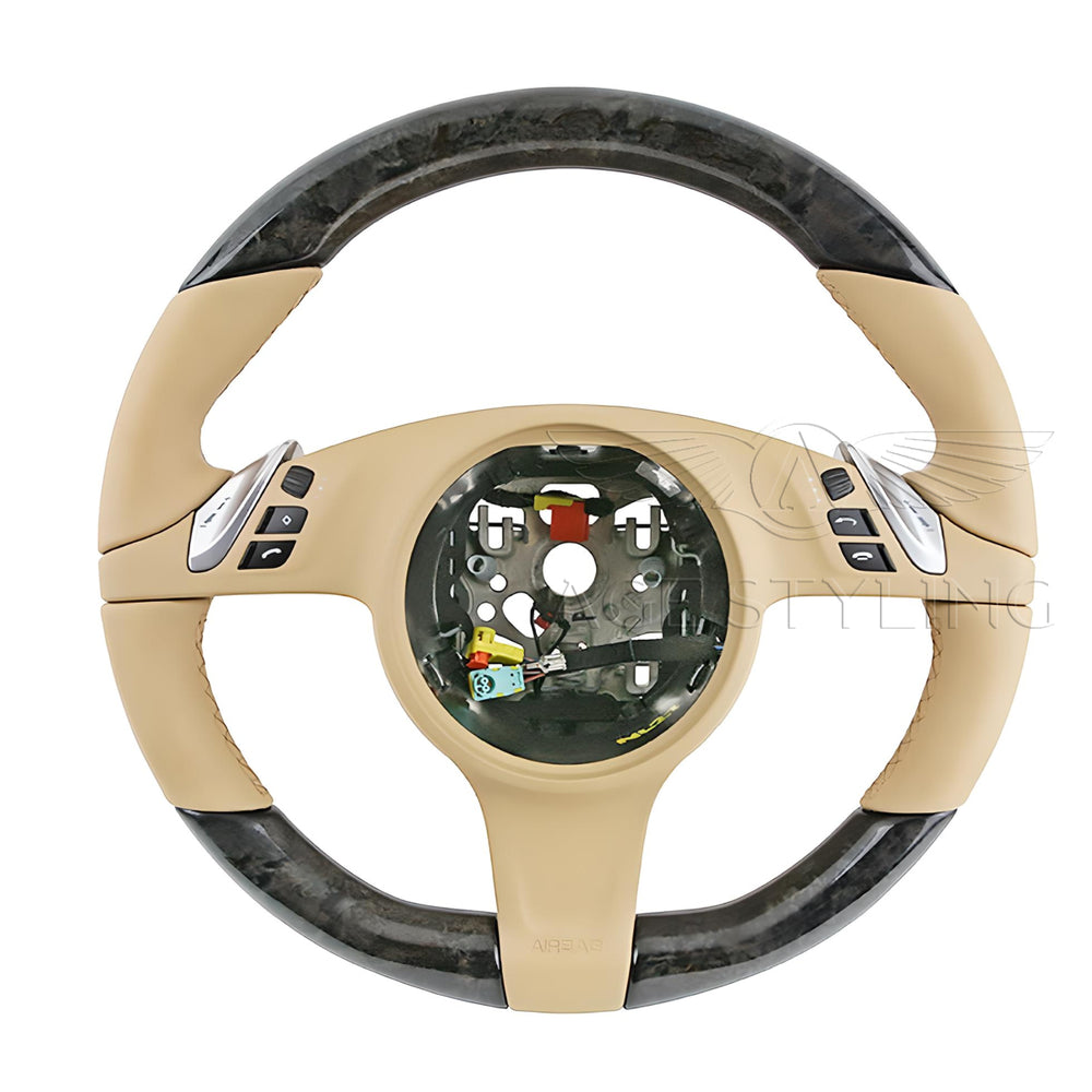 10-16 Porsche Cayenne Panamera Birch Wood Luxor beige Leather Steering Wheel # 7PP-419-091-CN-9J9
