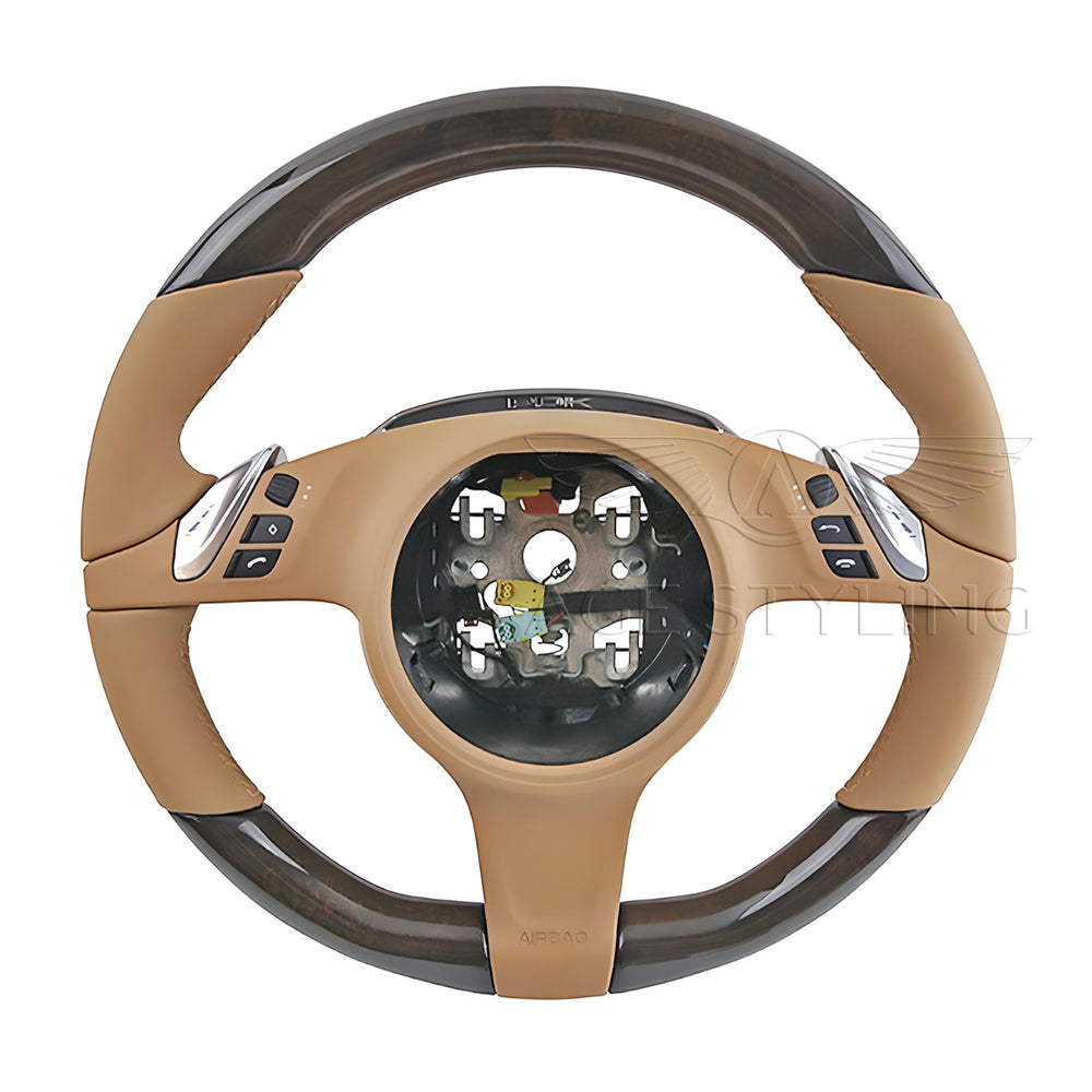 14-16 Porsche Panamera Walnut Wood Cognac Leather Steering Wheel # 970-347-803-40-7T1