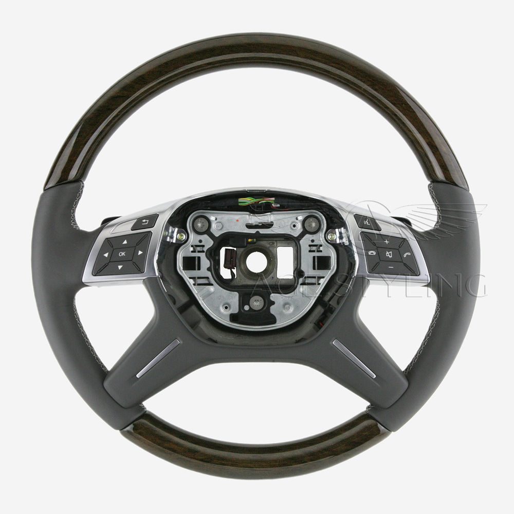 12-16 Mercedes-Benz GL350 GL450 GL550 ML350 ML450 ML550 Eucalyptus Wood Grey Leather Steering Wheel # 166-460-16-03-7J14