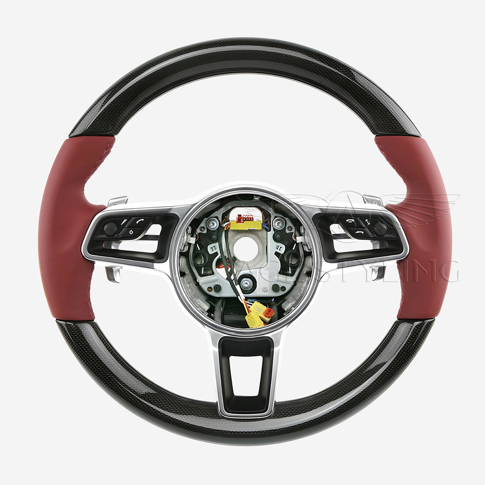 17-24 Porsche Cayman Boxster 911 Carbon Fiber Bordeaux Red Leather Steering Wheel # 9P1-419-091-EK-OG6