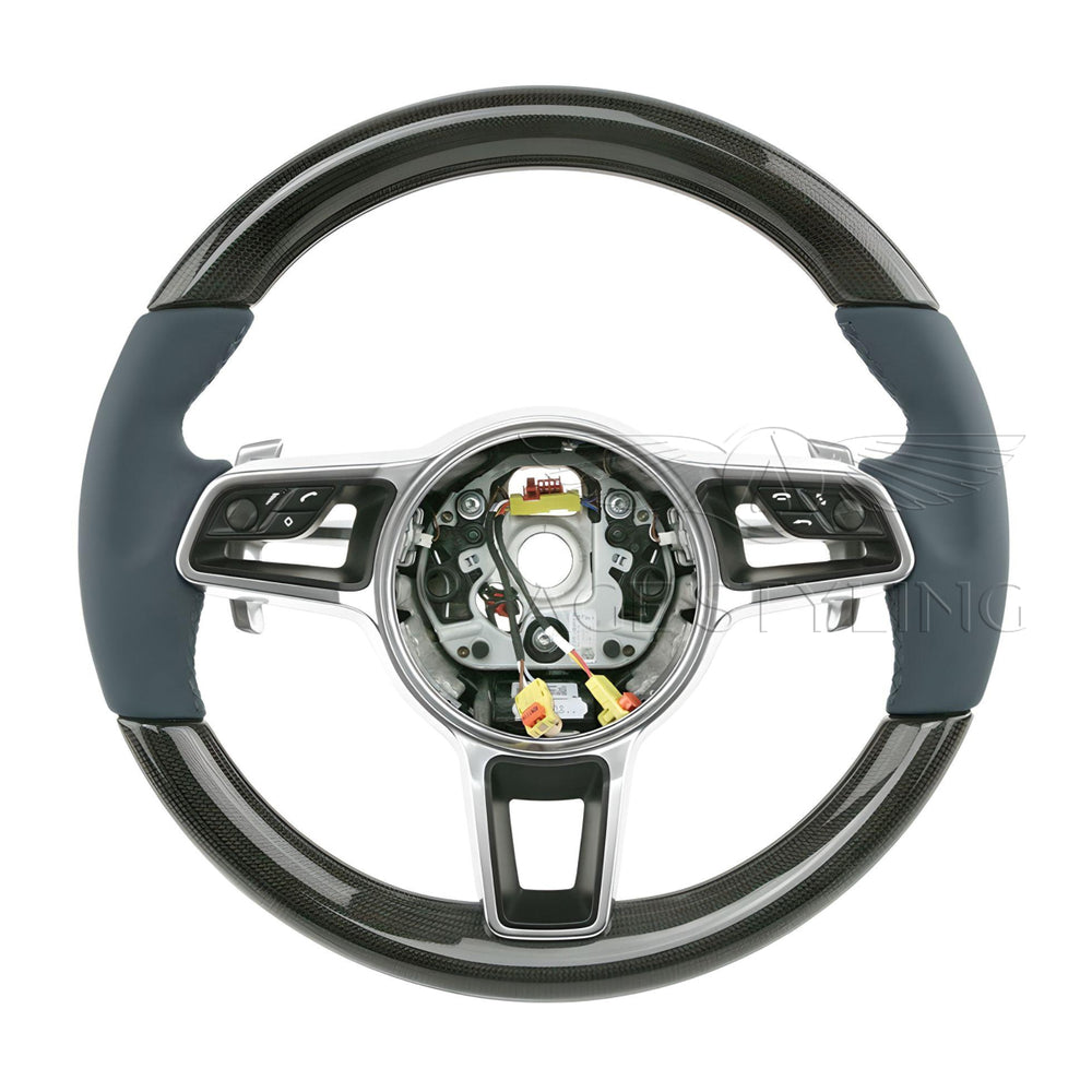 17-19 Porsche 911 Cayman Boxster Carbon Fiber Graphite Blue Leather Steering Wheel # 9P1-419-091-LT-OH7