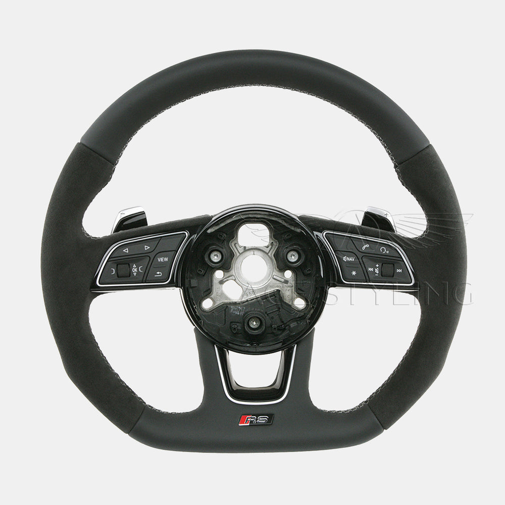 Flat bottom style RS steering wheel equipped with extended gear shift paddles & multimedia controls