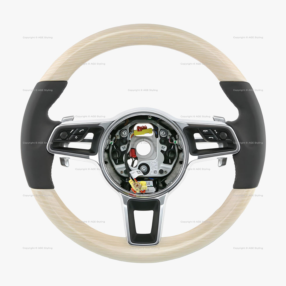 15-20 Porsche Macan White Limed Oak Wood & Leather Steering Wheel # 95B-044-400-00-A34