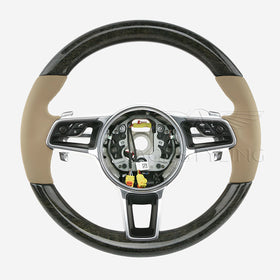 15-20 Porsche Macan Anthracite Birch Wood Beige Leather Steering Wheel # 95B-419-091-AN-9J9