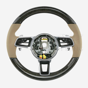 15-20 Porsche Macan Anthracite Birch Wood Beige Leather Steering Wheel # 95B-419-091-AN-9J9
