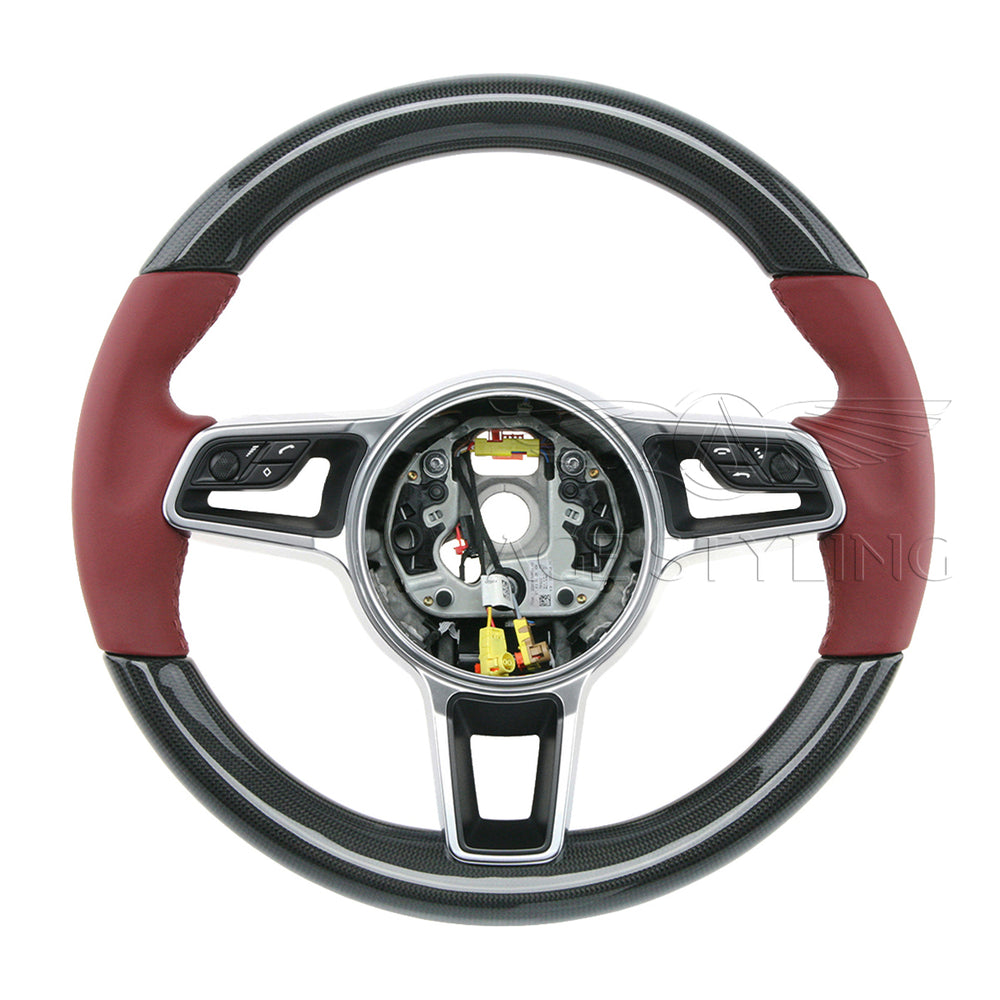 17-19 Porsche 911 Cayman Boxster Carbon Fiber Red Leather Steering Wheel # 9P1-419-091-EC-OG6
