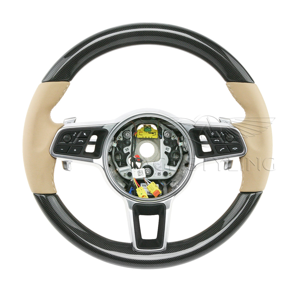 17-21 Porsche Panamera Carbon Fiber Beige Leather Steering Wheel # 971-419-091-RM-9J9