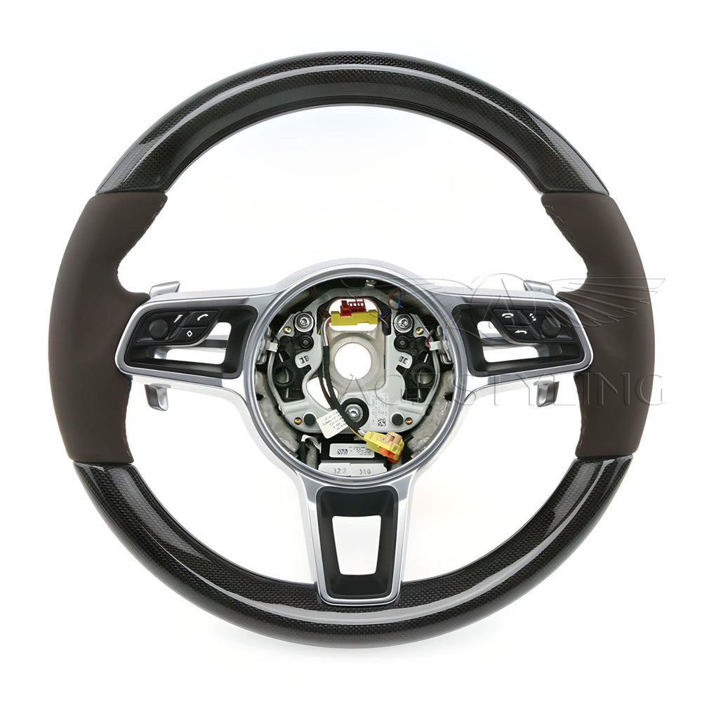 15-20 Porsche Macan Carbon Fiber Brown Leather Steering Wheel # 95B-419-091-Q-6H6
