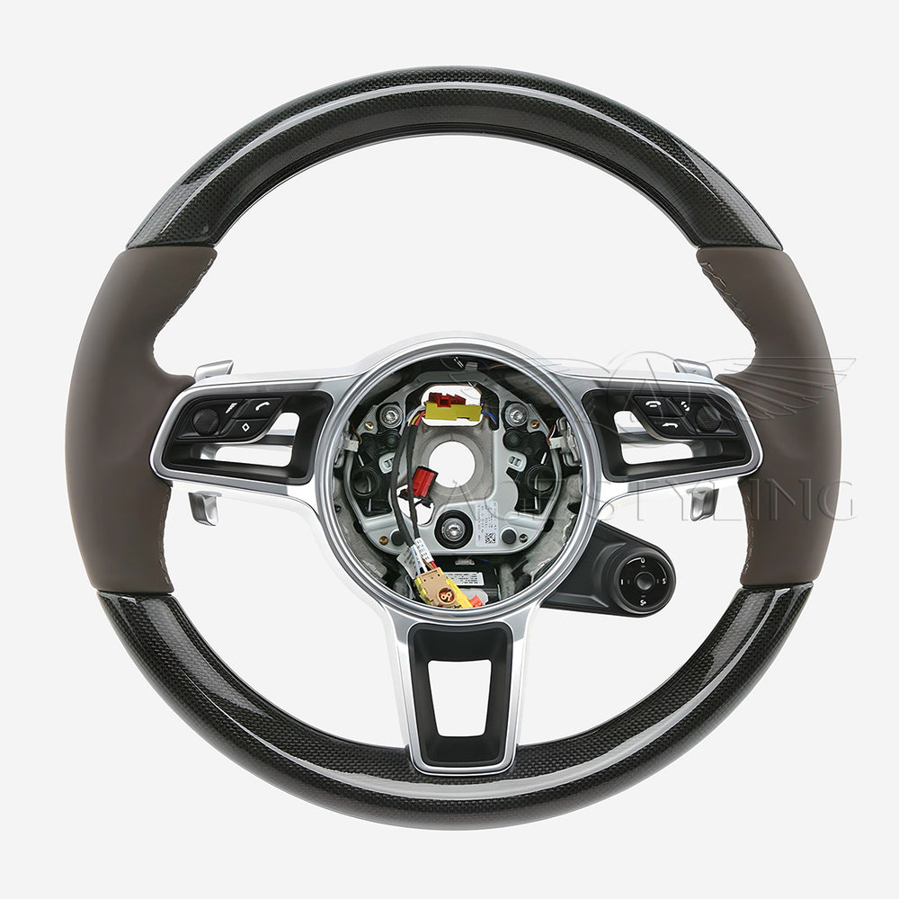 17-24 Porsche Cayman Boxster 911 Carbon Fiber Saddle Brown Leather Steering Wheel # 9P1-419-091-EM-OK6