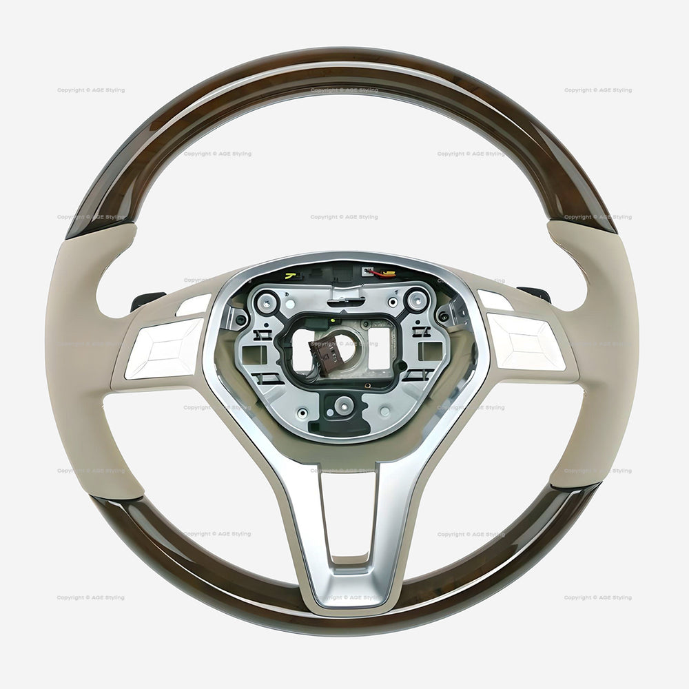 13-14 Mercedes-Benz CLS350 CLS550 Walnut Wood Beige Leather Steering Wheel # 218-460-44-18-8P64