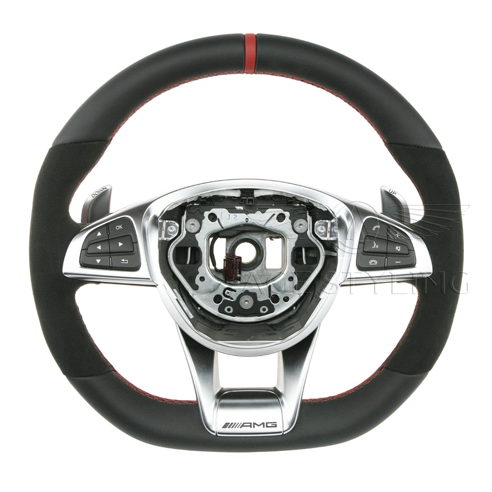 17-20 Mercedes-Benz SLC300 CLC43 AMG Flat Bottom Suede & Leather Steering Wheel with Red Top & Red Stitching # 166-460-15-18-3D27