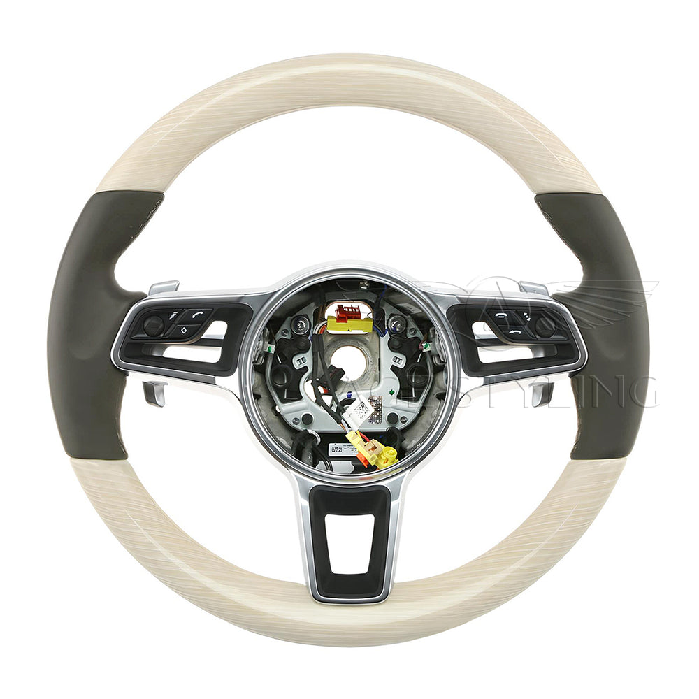 15-20 Porsche Macan White Limed Oak Wood & Leather Steering Wheel # 95B-044-400-00-OE5