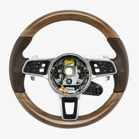 18-22 Porsche Cayenne PDK Multimedia Red Gum Wood Truffle Brown Leather Steering Wheel # 9Y0-419-091-KQ-OT2