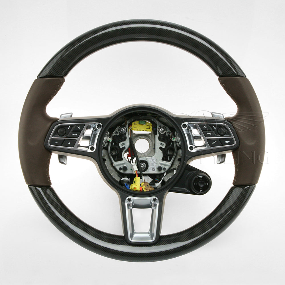 19-23 Porsche Cayenne Turbo PDK Carbon Fiber Truffle Leather Steering Wheel # 9Y0-419-091-LE-OT2