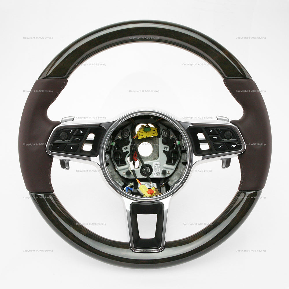 17-21 Porsche Panamera Walnut Wood Marsala Red Leather Steering Wheel # 971-419-091-RN-8U7