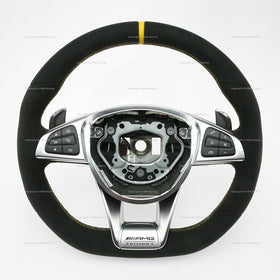 17-19 Mercedes-Benz GLC43 GLC63 C63 AMG Suede Yellow Top Flat Bottom Steering Wheel # 253-460-78-00-1C86