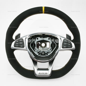 17-19 Mercedes-Benz GLC43 GLC63 C63 AMG Suede Yellow Top Flat Bottom Steering Wheel # 253-460-78-00-1C86