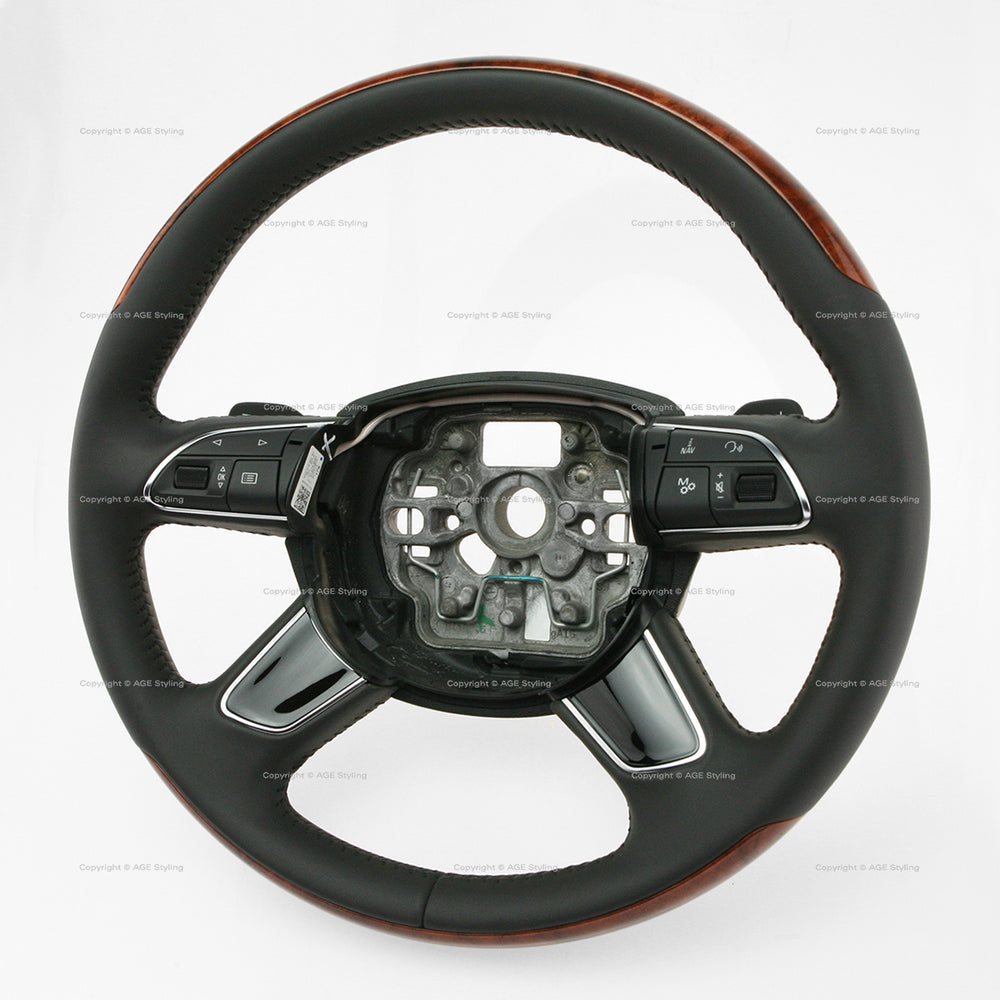 11-18 Audi A8 S8 Walnut Wood Black Leather Steering Wheel # 4H0-419-091-AD-UQH