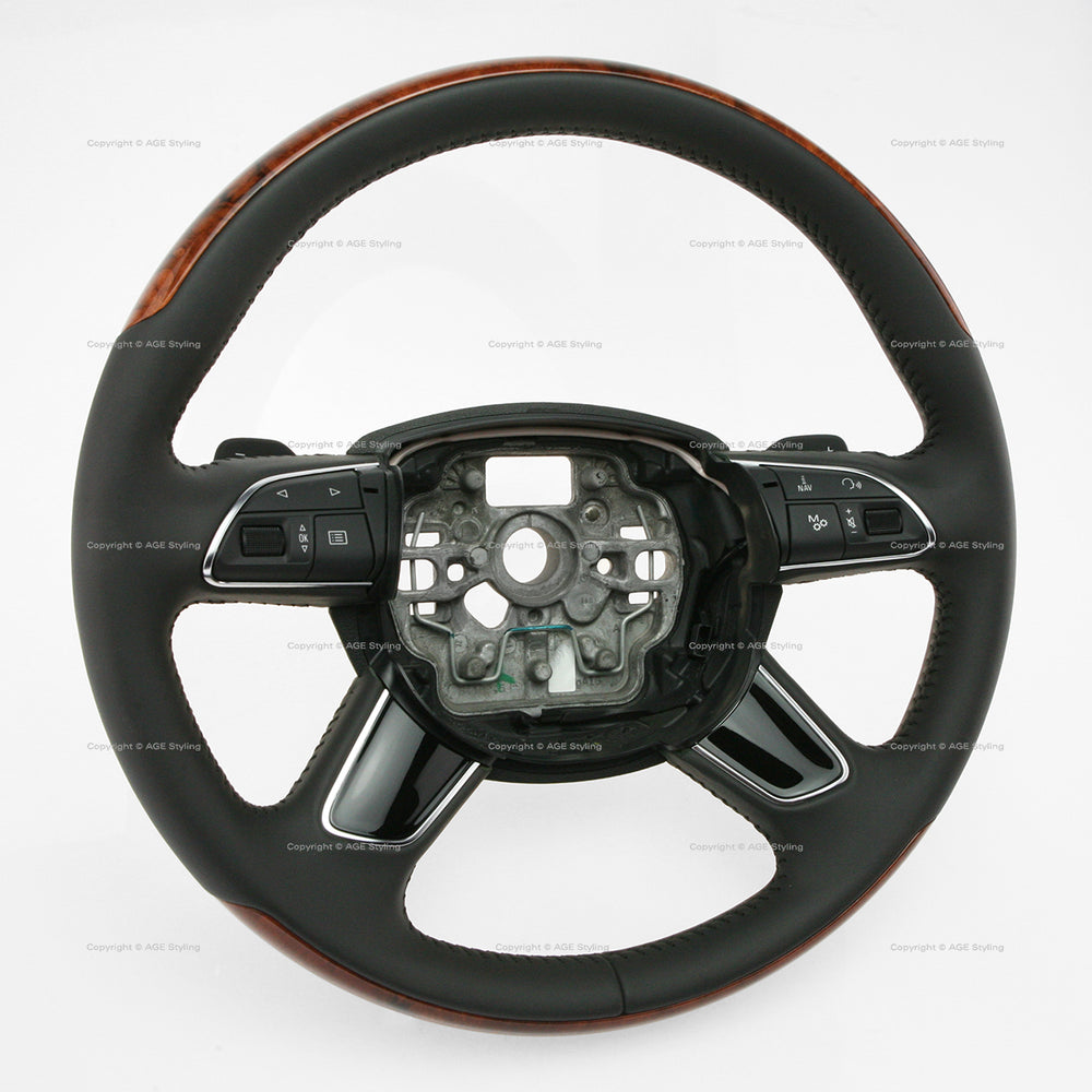 11-18 Audi A8 S8 Walnut Wood Black Leather Steering Wheel # 4H0-419-091-AD-UQH