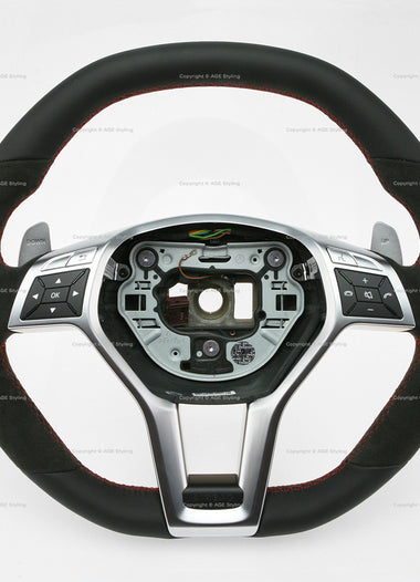 12-16 Mercedes-Benz C63 AMG Flat Bottom Alcantara Steering Wheel with Red Stitching # 204-460-47-03-3D16, 204 460 47 03 3D16, 20446047033D16, A20446047033D16
