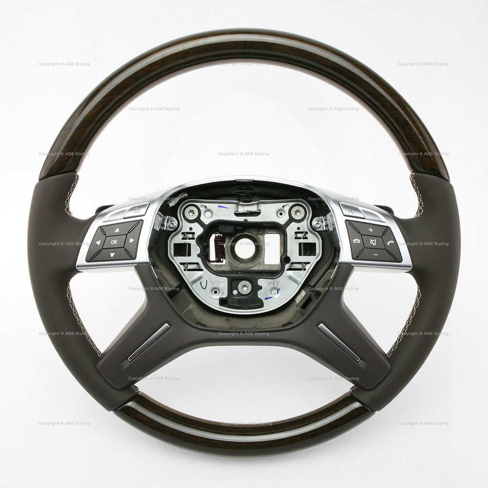 Mercedes-Benz GL350 GL450 GL550 ML350 ML550 Brown Eucalyptus Wood mock Brown Leather Steering Wheel # 166-460-15-03-8P18, A-166-460-15-03-8P18, 166 460 15 03 8P18, 16646015038P18