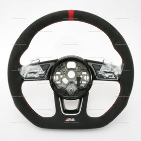 Audi RS3 Flat Bottom Suede Steering Wheel Red Top # 82A-419-091-AT-IXJ, 82A 419 091 AT IXJ, 82A419091ATIXJ