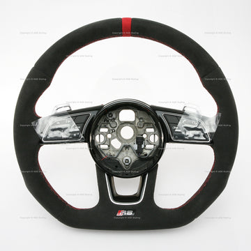 Audi RS3 Flat Bottom Suede Steering Wheel Red Top # 82A-419-091-AT-IXJ, 82A 419 091 AT IXJ, 82A419091ATIXJ