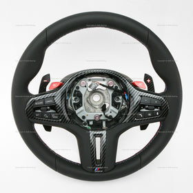 BMW M5 M8 X5 X6 Competition carbon fiber leather steering wheel featuring extended gear shift paddles, multimedia controls lane assistant, without heated rim with M1 M2 Mode Switches # 32-30-9-882-678, 32 30 9 882 678, 32309882678