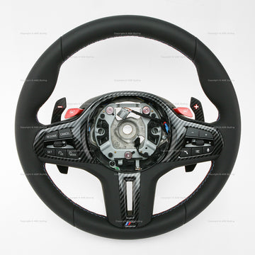BMW M5 M8 X5 X6 Competition carbon fiber leather steering wheel featuring extended gear shift paddles, multimedia controls lane assistant, without heated rim with M1 M2 Mode Switches # 32-30-9-882-678, 32 30 9 882 678, 32309882678