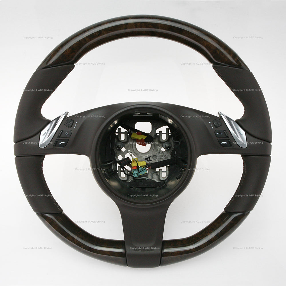 10-16 Porsche Cayenne Panamera Walnut Wood Espresso Brown Leather Steering Wheel # 7PP-419-091-CL-6H6
