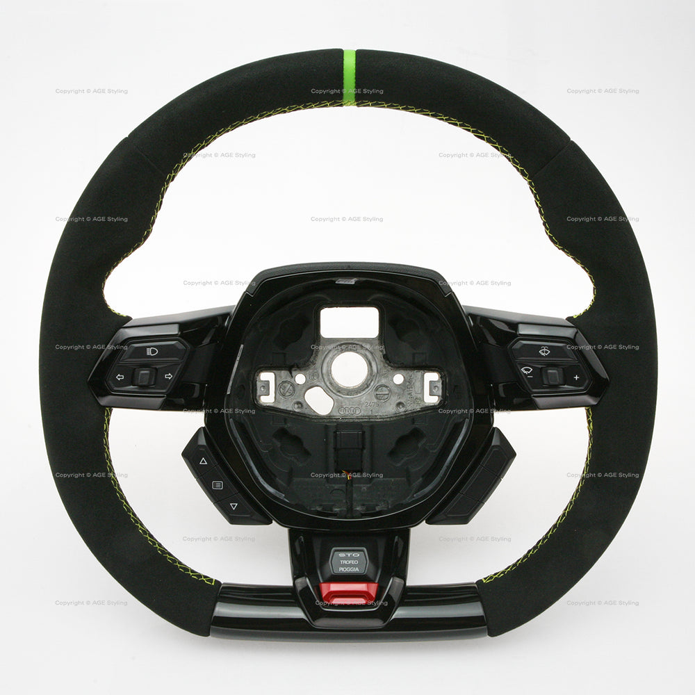 15-24 Lamborghini Huracan STO Black Suede Green Top Steering Wheel # 4T3‑419‑091‑B‑XZ0, 4T3 419 091 B XZ0, 4T3419091BXZ0
