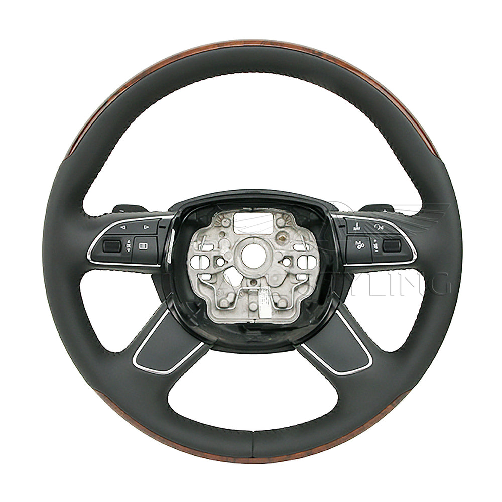 11-18 Audi A8 S8 Walnut Wood Black Leather Steering Wheel # 4H0-419-091-AD-UQH