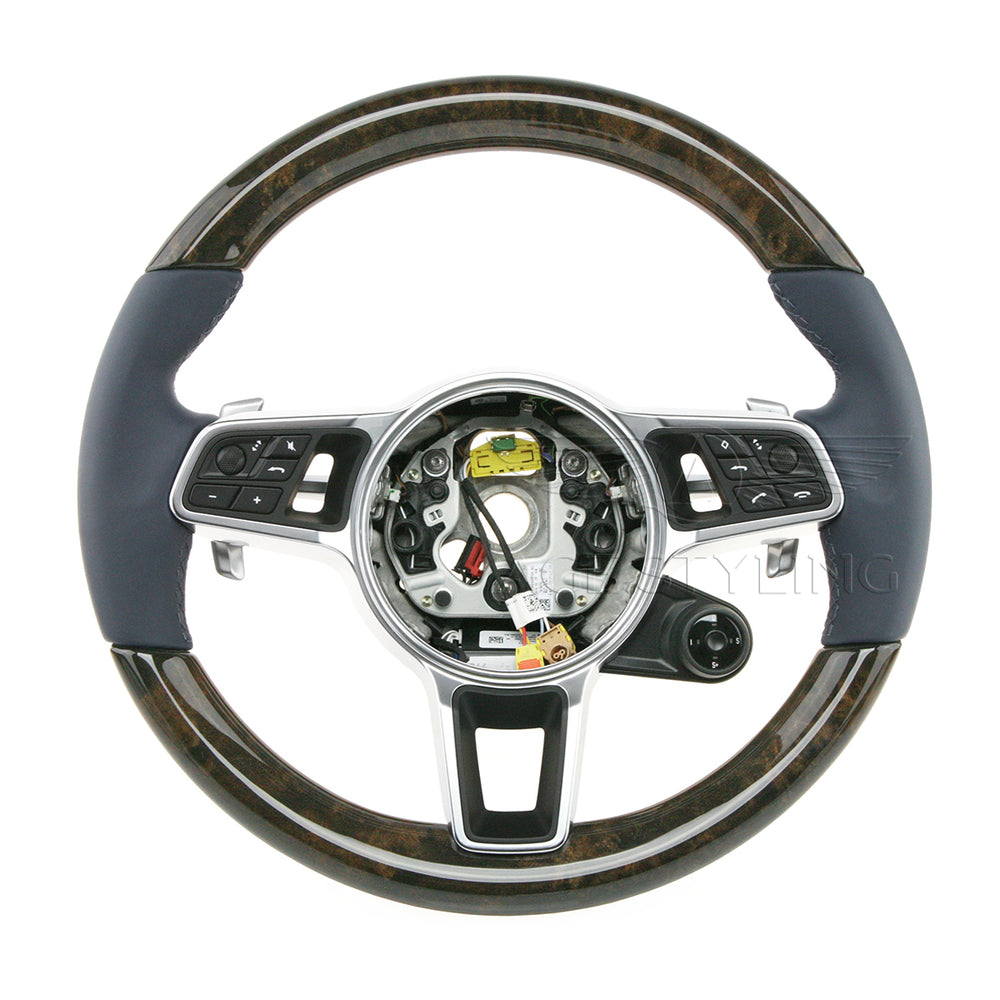 18-20 Porsche Cayenne Walnut Wood Graphite Blue Leather Steering Wheel # 9Y0-419-091-BA-OH7
